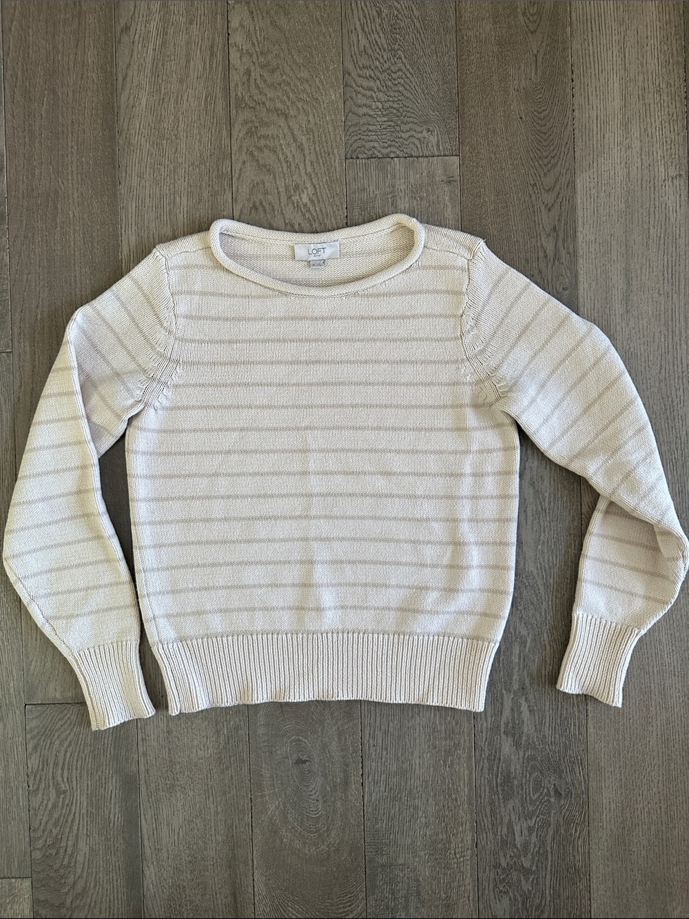 LOFT Cream and Light Taupe Striped Crewneck Sweater